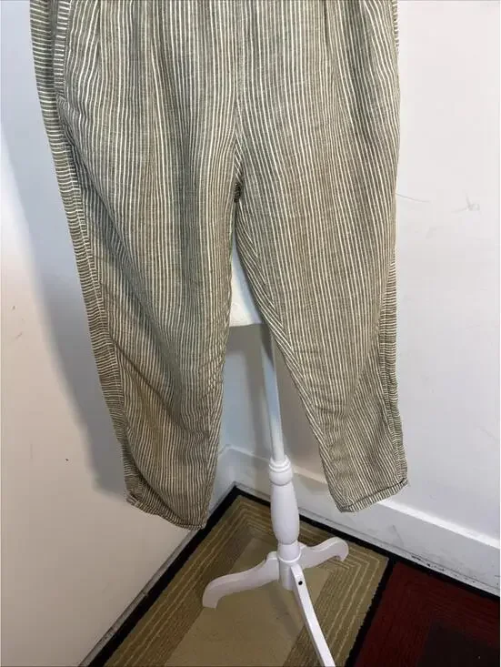 By Anthropologie Pants Womens XSmall Green Stripe 100% Linen Pull On Ankle Crop - Picture 10 of 16